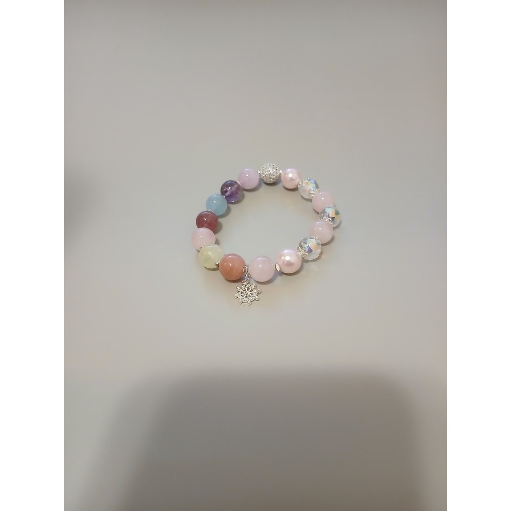 Pastel Beaded Stretch Bracelet Multicolor Gemstone Pearl Ship Wheel Charm 6in